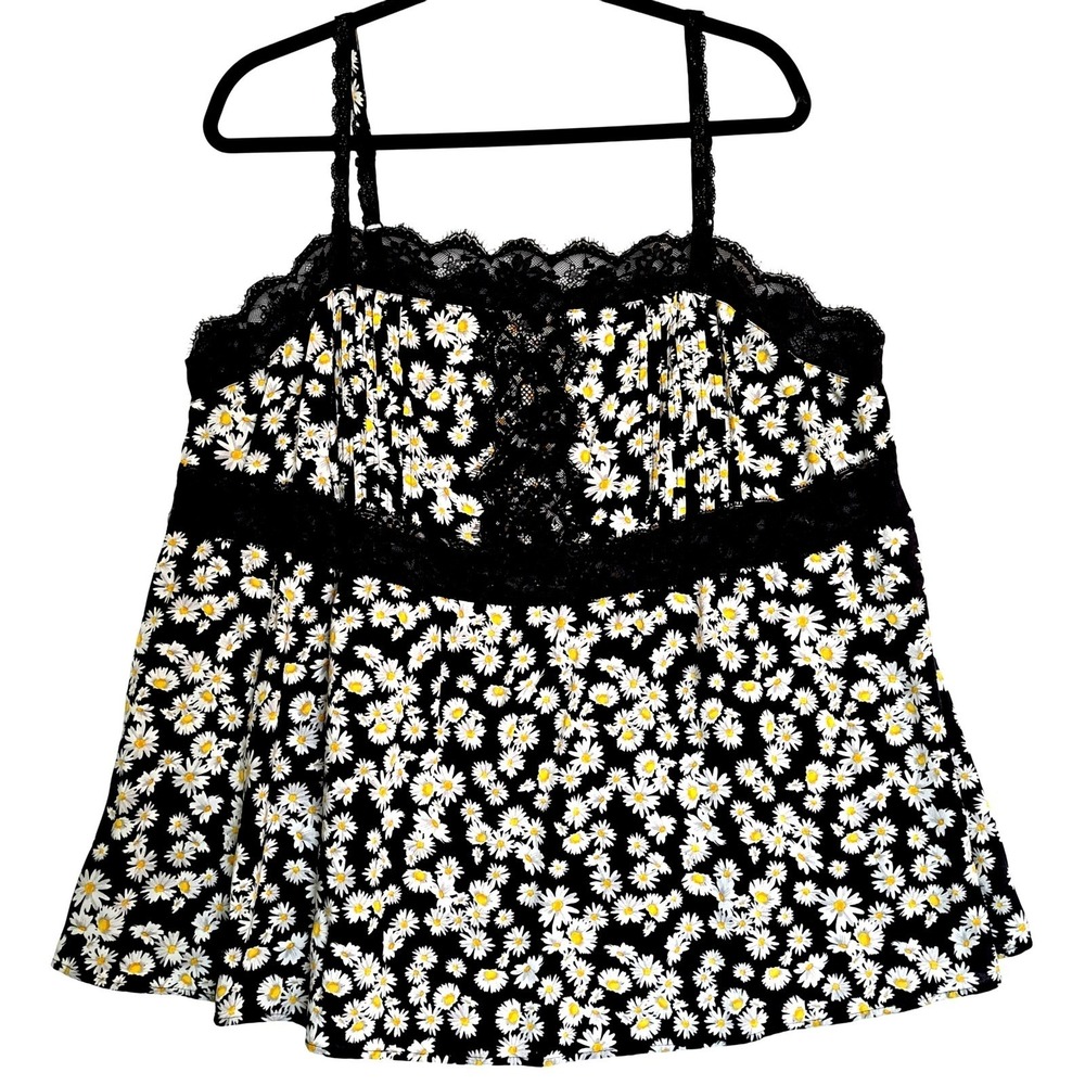 Torrid Cami Womens 2X Black White Daisy Print Lace Trim Sleeveless Tank Top